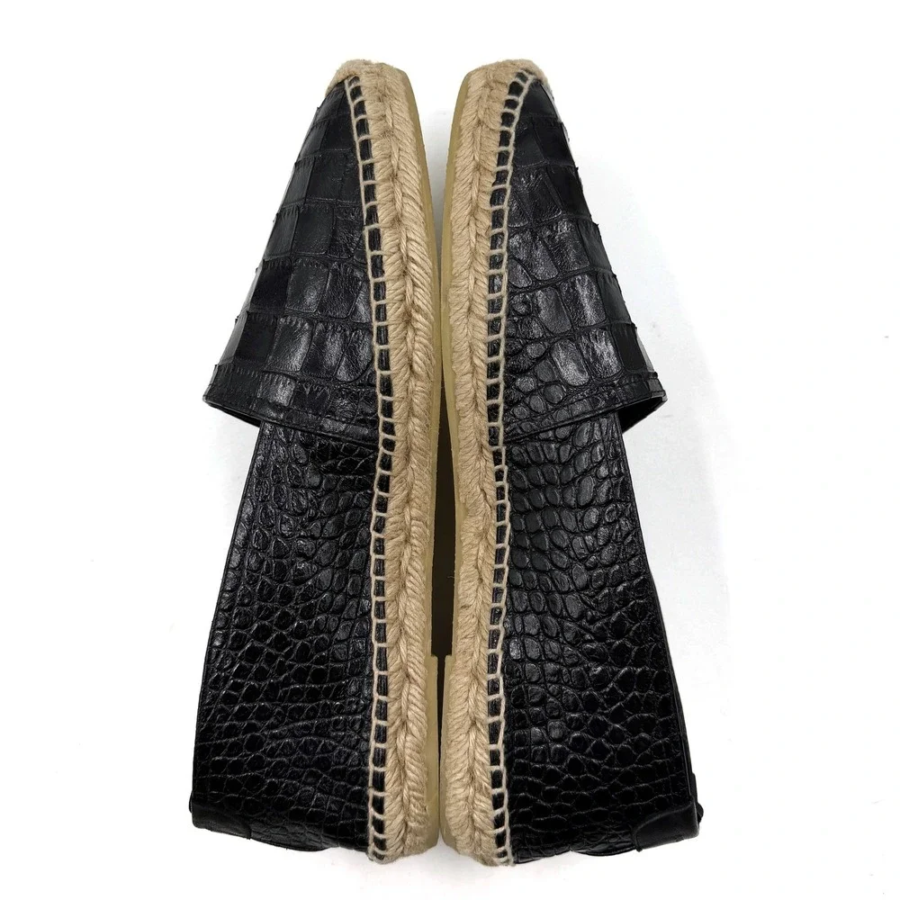 Saint Laurent Espadrilles Black Croc Embossed Leather Flat Slip On Sz 42 / 12